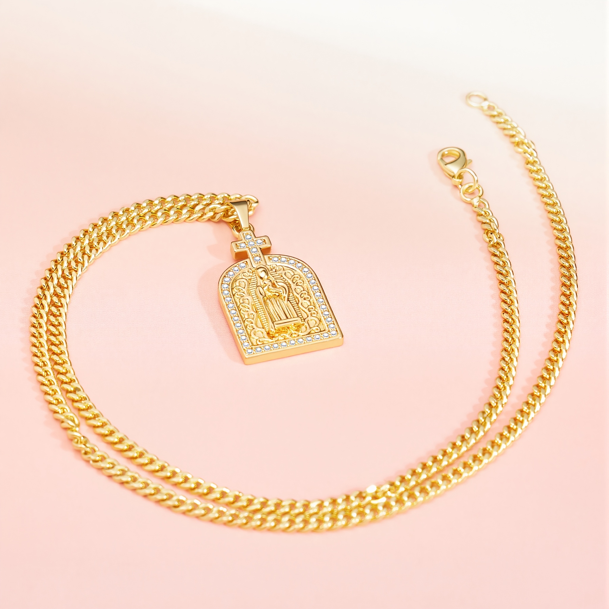 18K Gold Plated Virgin Cross Necklace with Zircon
